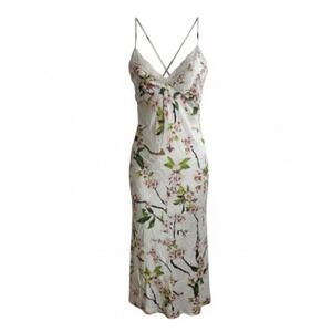 Natori Floral Print Slip Dress Lace Trim V Neck Maxi Length White Pink Green
